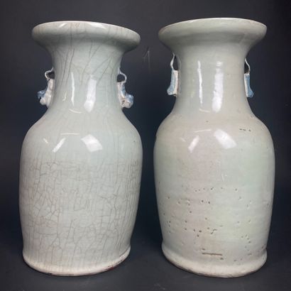 null CHINA Pair of celadon porcelain baluster vases decorated with flowers. Early...