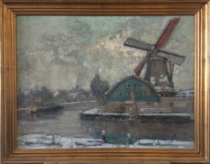 null Guillaume G. ROGER (1867-1943) Mill near a canal in Holland. Oil on canvas,...
