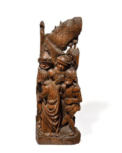 null FRAGMENT of an altarpiece group in carved oak representing the right part of...