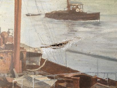 null Léon Auguste OTTIN (c.1839-?) Unloading of the boat on the Seine in Paris Oil...