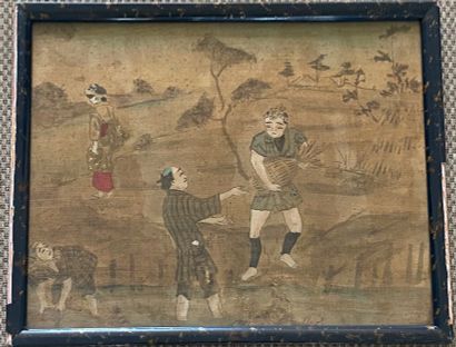null CHINA Four paintings on silk with polychrome decoration of characters in everyday...