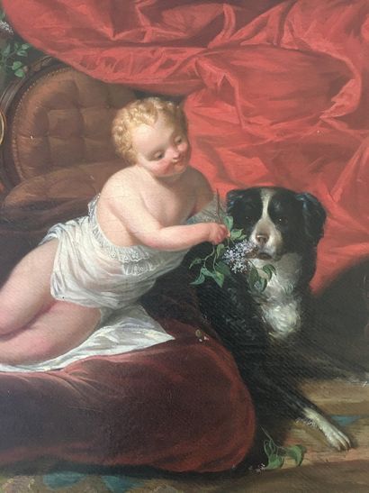 null ENGLISH SCHOOL Early 19th century Cherubs and dogs in an antique interior Pair...