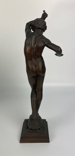 null Eugène DELAPLANCHE (1836-1891) Young boy on a turtle. Bronze with brown patina...
