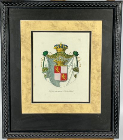 null Suite of SIX polychrome ENGRAVINGS representing the coat of arms of the Peers...