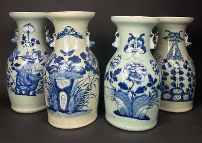 null CHINA Four celadon porcelain baluster vases decorated with flowers. Early 20th...