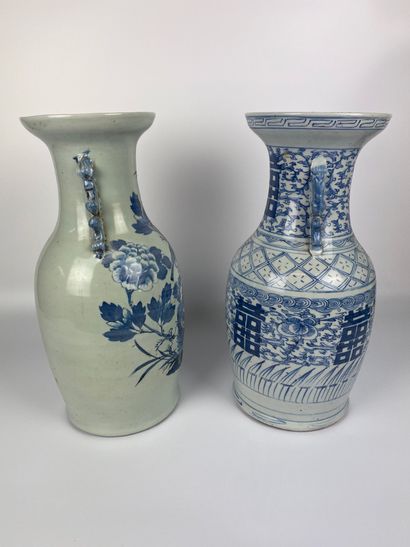 null CHINA Two blue-white porcelain balluster vases, one decorated with caligraphy,...