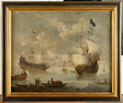 null HOLLAND SCHOOL of the 17th century. Scene of a ship near a busy shore. Oil on...