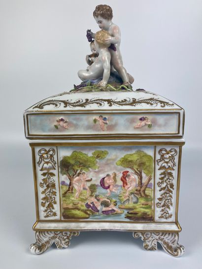 null CAPODIMONTE Large enameled polychrome porcelain covered box decorated with allegorical...