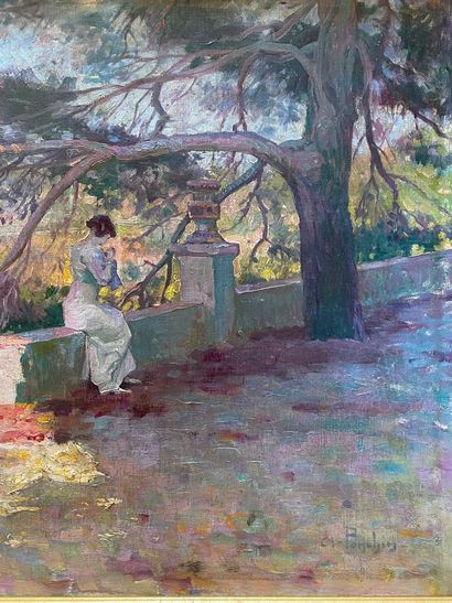 null Antoine PONCHIN (1872-1934) Lady seated on a shaded terrace. Oil on canvas,...
