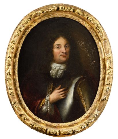 null School of the XVIIIth century. Portrait of a man in cuirass and lace tie. Oil...
