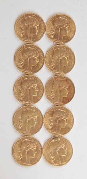  10 PIECES OF 20 FRANCS GOLD, 1910, Weight : 64,52 grams