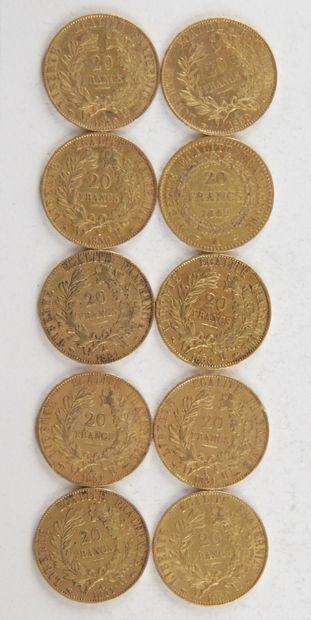  10 PIECES OF 20 FRANCS GOLD, 1849, 1850, 1851, Weight : 64,29 grams