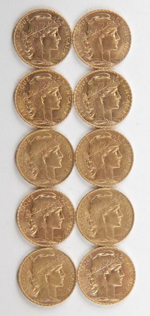  10 PIECES OF 20 FRANCS GOLD, 1908, 1909, Weight : 64,60 grams