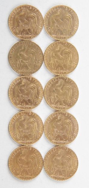 10 PIECES OF 20 FRANCS GOLD, 1909, Weight...