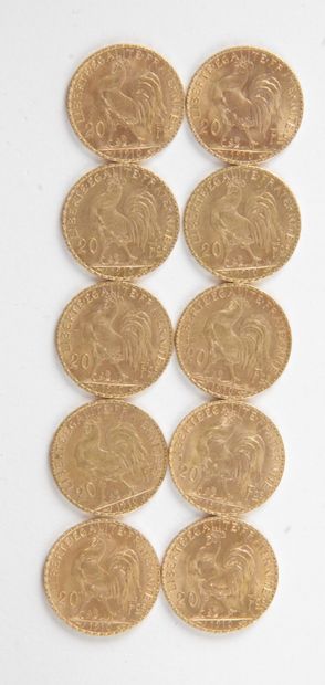  10 PIECES OF 20 FRANCS GOLD, 1910, Weight : 64,52 grams