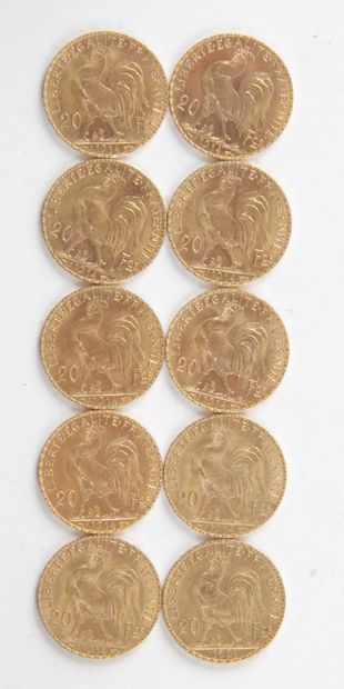  10 PIECES OF 20 FRANCS GOLD, 1901, 1914, Weight : 64,53 grams