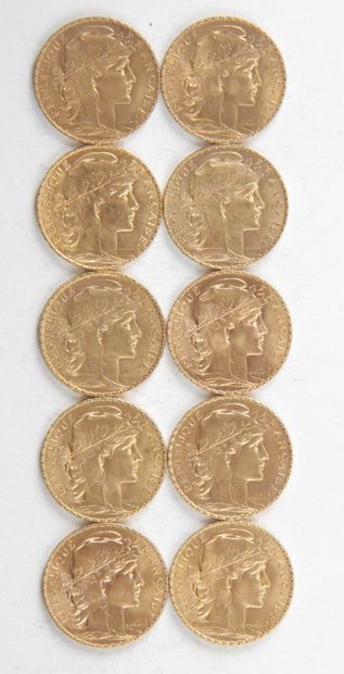 null 10 PIECES OF 20 FRANCS GOLD, 1910, 1912, 1913, 1914, Weight : 64,60 grams