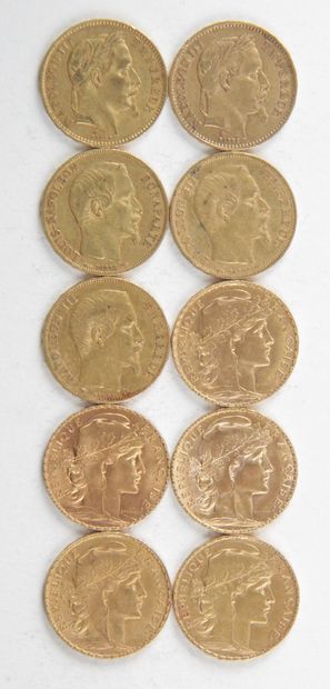 null 10 PIECES OF 20 FRANCS GOLD, 1852, 1853, 1855, 1866, 1912, Weight : 64,45 g...