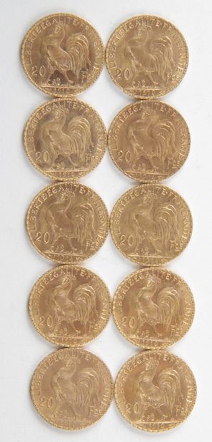 null 10 PIECES OF 20 FRANCS GOLD, 1910, 1914, Weight : 64,66 grams