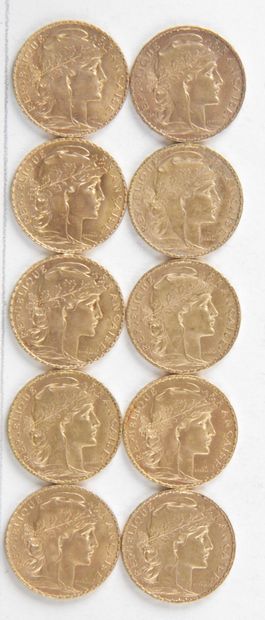  10 PIECES OF 20 FRANCS GOLD, 1903, 1904, 1908, Weight : 64,53 grams