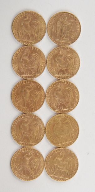null 10 PIECES OF 20 FRANCS GOLD, 1895, 1902, 1908, 1910, 1911, 1912, Weight : 64,62...