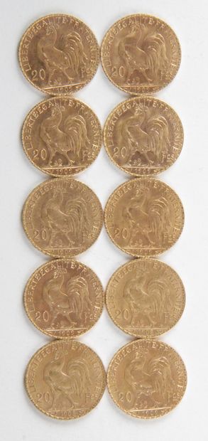 null 10 PIECES OF 20 FRANCS GOLD, 1908, 1909, Weight : 64,60 grams