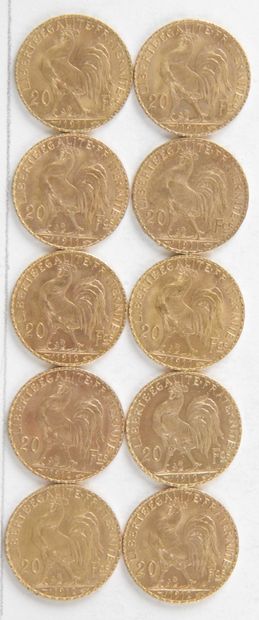 10 PIECES OF 20 FRANCS GOLD, 1911, 1912,...