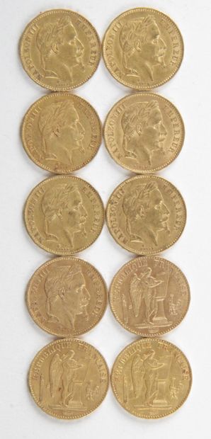  10 PIECES OF 20 FRANCS GOLD, 1869, 1870, 1875, Weight : 64,47 grams