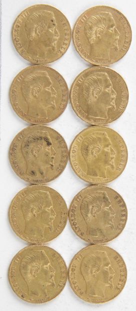 null 10 PIECES OF 20 FRANCS GOLD, 1853, 1854, Weight : 64,29 grams