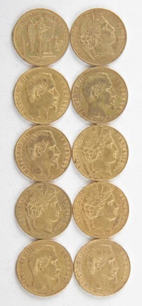  10 PIECES OF 20 FRANCS GOLD, 1849, 1850, 1851, 1854, 1858, Weight : 64,23 grams