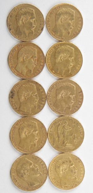  10 PIECES OF 20 FRANCS GOLD, 1849, 1855, 1859, Weight : 64,27 grams