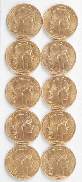  10 PIECES OF 20 FRANCS GOLD, 1910, Weight : 64,56 grams