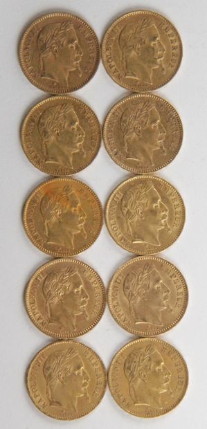  10 PIECES OF 20 FRANCS GOLD, 1865, 1868, Weight : 64,44 grams