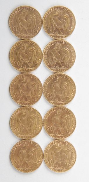 null 10 PIECES OF 20 FRANCS GOLD, 1911, 1913, 1914, Weight : 64,62 grams