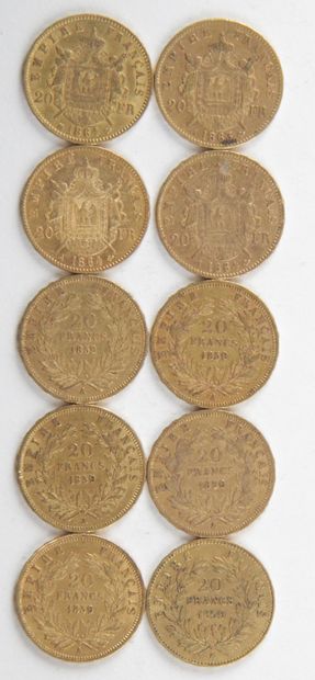 10 PIECES OF 20 FRANCS GOLD, 1859, 1863,...