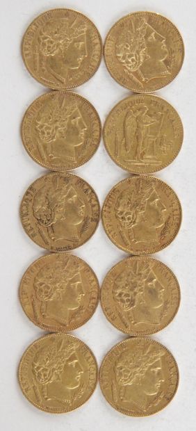  10 PIECES OF 20 FRANCS GOLD, 1849, 1850, 1851, Weight : 64,29 grams