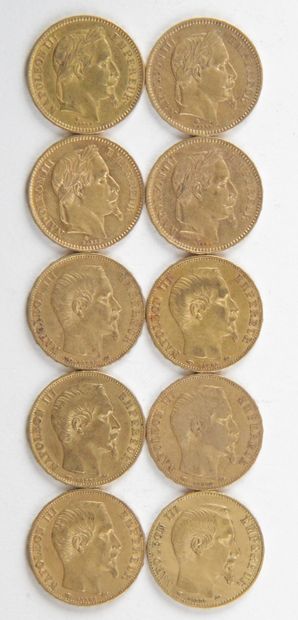 null 10 PIECES OF 20 FRANCS GOLD, 1859, 1863, 1864, Weight : 64,26 grams