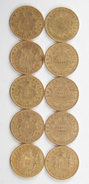  10 PIECES OF 20 FRANCS GOLD, 1860, 1862, Weight : 64,36 grams