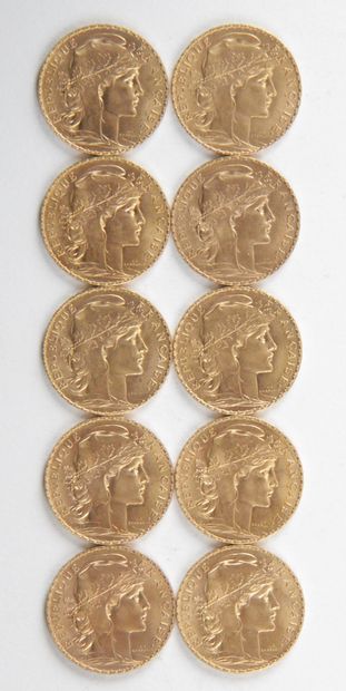  10 PIECES OF 20 FRANCS GOLD, 1910, 1914, Weight : 64,66 grams