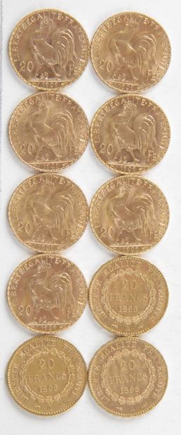  10 PIECES OF 20 FRANCS GOLD, 1898, 1909, Weight : 64,57 grams
