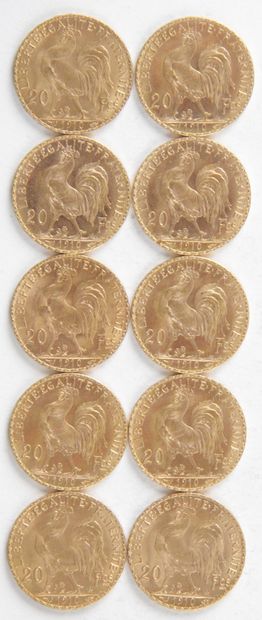  10 PIECES OF 20 FRANCS GOLD, 1910, Weight : 64,56 grams