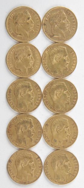 null 10 PIECES OF 20 FRANCS GOLD, 1856, 1857, 1867, Weight : 64,29 grams