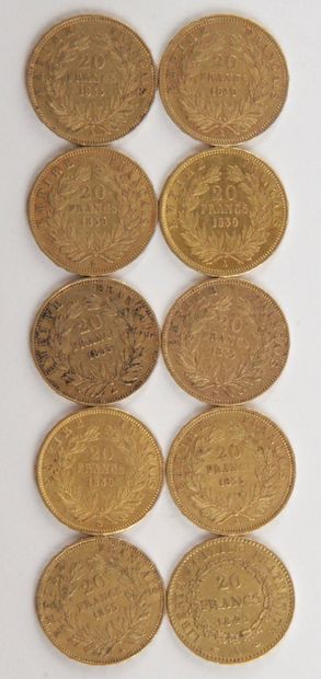 null 10 PIECES OF 20 FRANCS GOLD, 1849, 1855, 1859, Weight : 64,27 grams