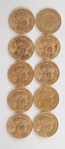 null 10 PIECES OF 20 FRANCS GOLD, 1895, 1902, 1908, 1910, 1911, 1912, Weight : 64,62...