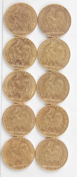 null 10 PIECES OF 20 FRANCS GOLD, 1903, 1904, 1908, Weight : 64,53 grams