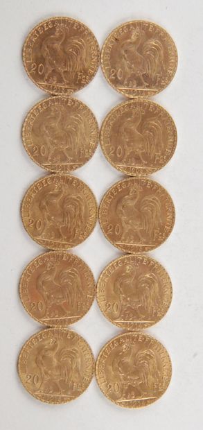 null 10 PIECES OF 20 FRANCS GOLD, 1906, 1913, 1914, Weight : 64,55 grams