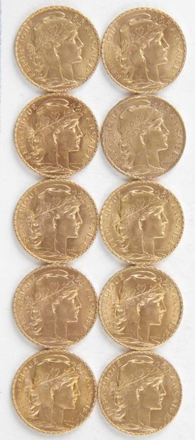  10 PIECES OF 20 FRANCS GOLD, 1911, 1912, Weight : 64,58 grams