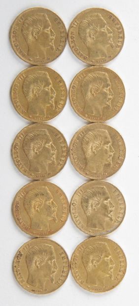 null 10 PIECES OF 20 FRANCS GOLD, 1857, 1860, Weight : 64,26 grams