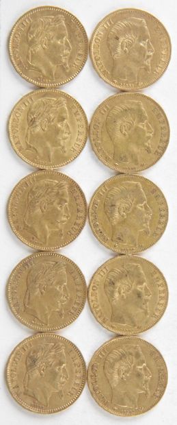 null 10 PIECES OF 20 FRANCS GOLD, 1859, 1866, 1867, Weight : 64,24 grams