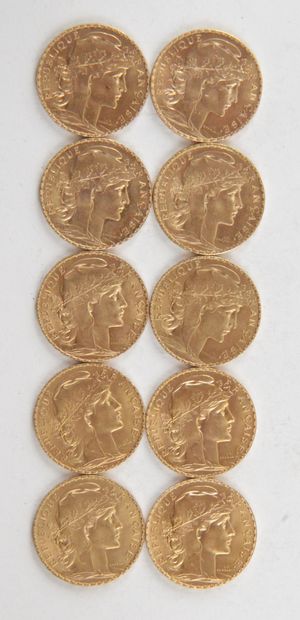 null 10 PIECES OF 20 FRANCS GOLD, 1906, 1913, 1914, Weight : 64,55 grams